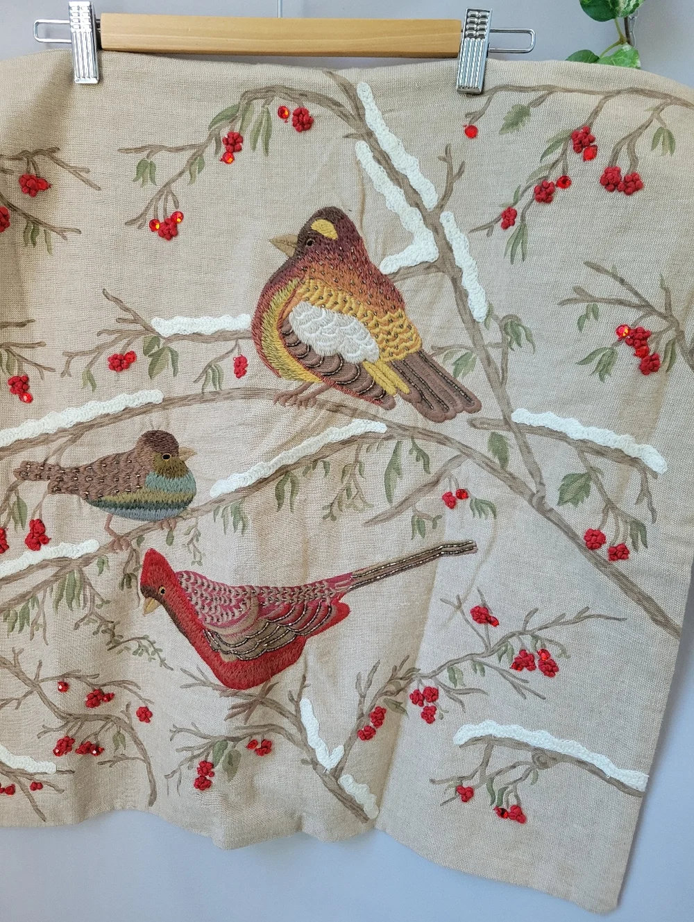 Pottery Barn Embroidered Winter Birds on Branch Cotton Pillow Cover 24 x 24